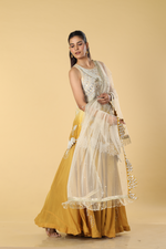 Load image into Gallery viewer, Ombrae mustard beige dola silk pearl embroiderd kurti paired with georgeette organza palazoo with beige net dpt
