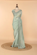 Load image into Gallery viewer, Sea Green Tissue Saree with Oxidised Tube, Self-Coloured Beads &amp; Sequin Work
