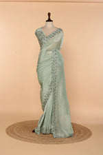 Load image into Gallery viewer, Sea Green Tissue Saree with Oxidised Tube, Self-Coloured Beads &amp; Sequin Work
