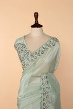 Load image into Gallery viewer, Sea Green Tissue Saree with Oxidised Tube, Self-Coloured Beads &amp; Sequin Work
