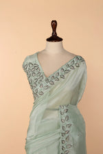 Load image into Gallery viewer, Sea Green Tissue Saree with Oxidised Tube, Self-Coloured Beads &amp; Sequin Work
