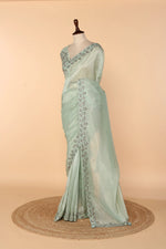 Load image into Gallery viewer, Sea Green Tissue Saree with Oxidised Tube, Self-Coloured Beads &amp; Sequin Work
