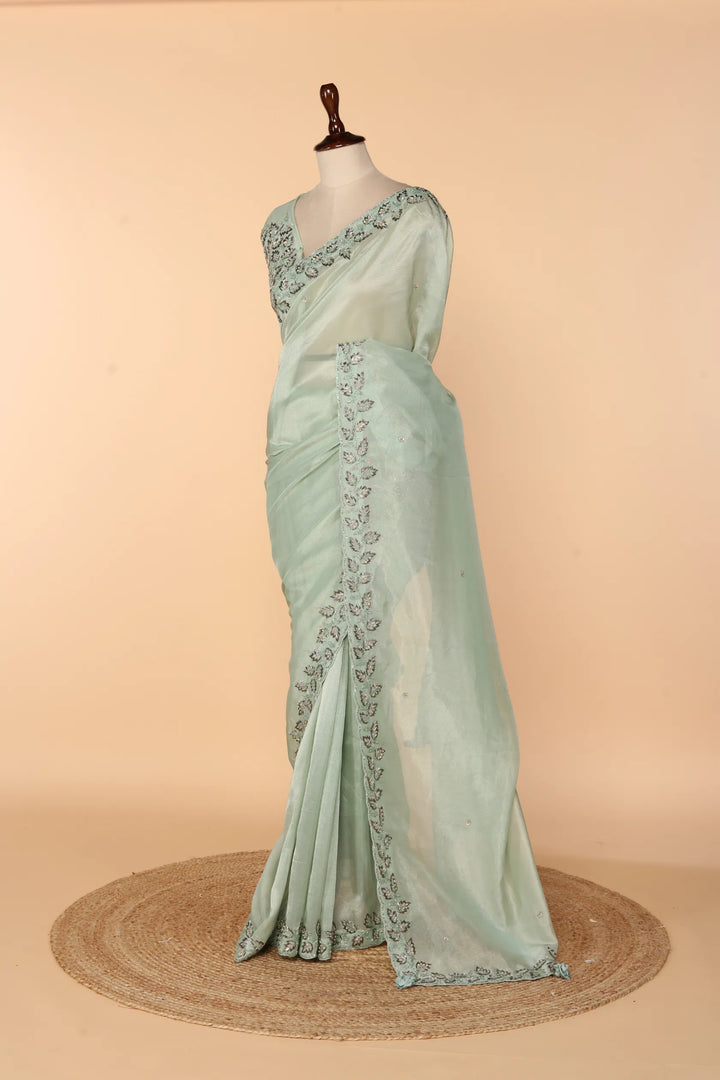 Sea Green Tissue Saree with Oxidised Tube, Self-Coloured Beads & Sequin Work
