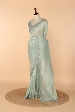 Load image into Gallery viewer, Sea Green Tissue Saree with Oxidised Tube, Self-Coloured Beads &amp; Sequin Work
