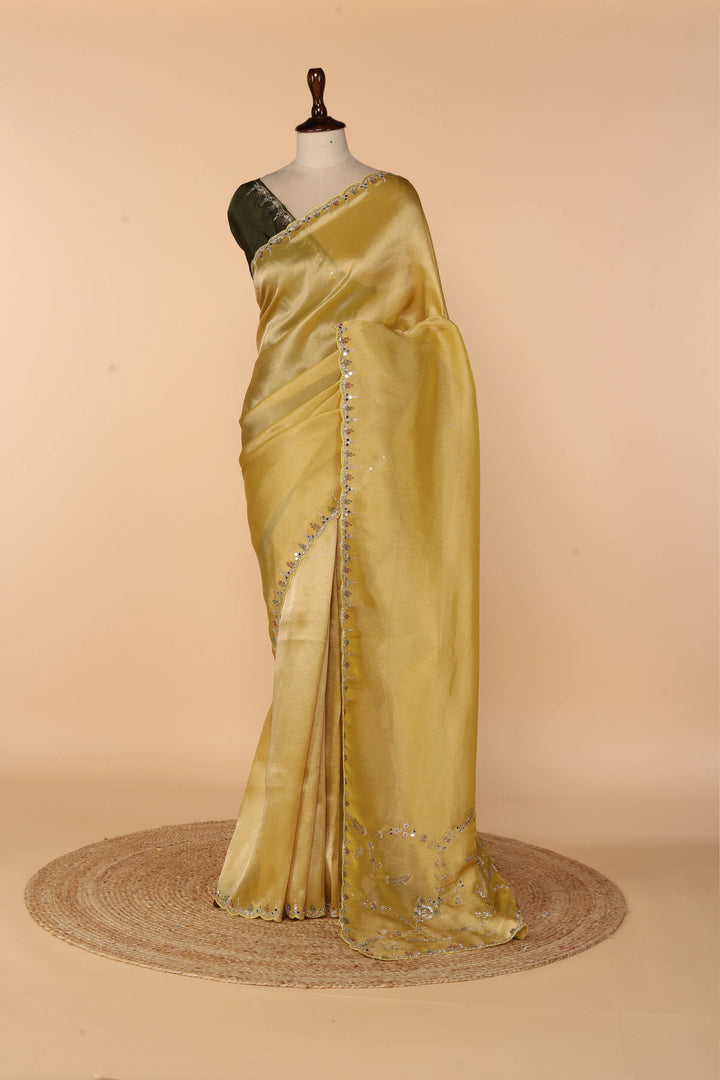 Yellow-Green Banarasi Tissue Saree with Mirror, Cutdana & Pearl Work