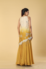 Load image into Gallery viewer, Ombrae mustard beige dola silk pearl embroiderd kurti paired with georgeette organza palazoo with beige net dpt
