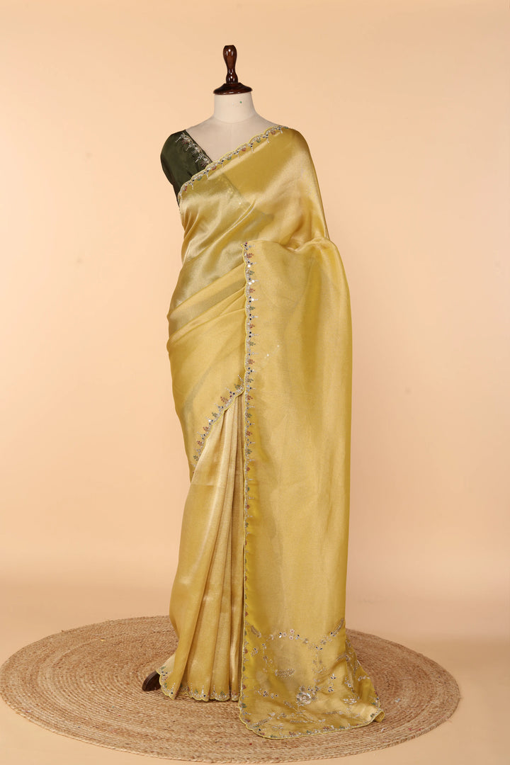 Yellow-Green Banarasi Tissue Saree with Mirror, Cutdana & Pearl Work