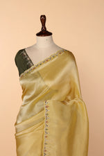 Load image into Gallery viewer, Yellow-Green Banarasi Tissue Saree with Mirror, Cutdana &amp; Pearl Work
