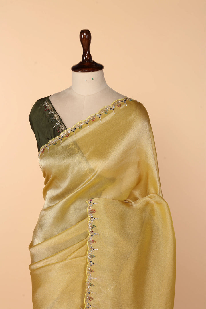 Yellow-Green Banarasi Tissue Saree with Mirror, Cutdana & Pearl Work