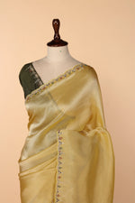 Load image into Gallery viewer, Yellow-Green Banarasi Tissue Saree with Mirror, Cutdana &amp; Pearl Work
