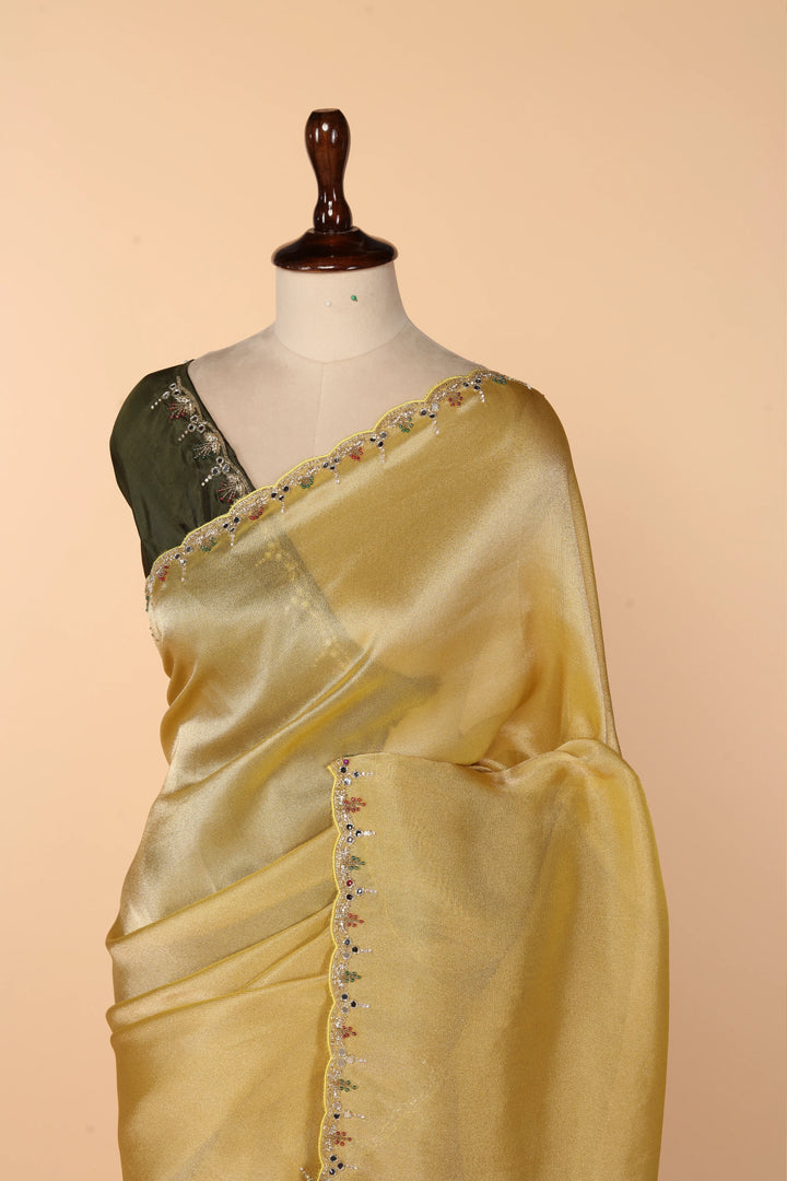 Yellow-Green Banarasi Tissue Saree with Mirror, Cutdana & Pearl Work