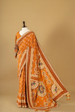 Load image into Gallery viewer, Yellow Ajrak printed highlightment saree paired with full sleeves blouse
