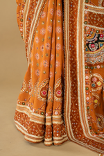 Load image into Gallery viewer, Yellow Ajrak printed highlightment saree paired with full sleeves blouse
