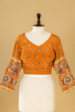 Load image into Gallery viewer, Yellow Ajrak printed highlightment saree paired with full sleeves blouse
