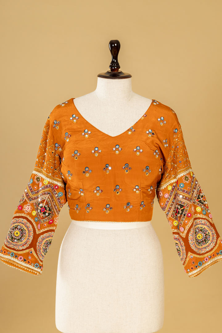 Yellow Ajrak printed highlightment saree paired with full sleeves blouse