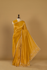Load image into Gallery viewer, Yellow Banarasi sequence embroidery saree paired with unstitched blouse
