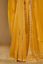 Load image into Gallery viewer, Yellow Banarasi sequence embroidery saree paired with unstitched blouse
