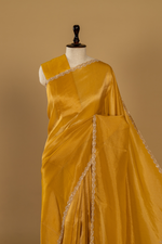 Load image into Gallery viewer, Yellow Banarasi sequence embroidery saree paired with unstitched blouse
