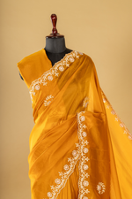 Load image into Gallery viewer, Yellow abudai silk zardosi pearl embroidery paired with unstitched blouse
