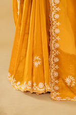 Load image into Gallery viewer, Yellow abudai silk zardosi pearl embroidery paired with unstitched blouse
