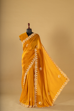 Load image into Gallery viewer, Yellow abudai silk zardosi pearl embroidery paired with unstitched blouse

