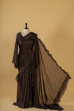 Load image into Gallery viewer, black georgette organza ruffle saree paired with bell sleeves blouse
