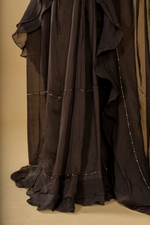 Load image into Gallery viewer, black georgette organza ruffle saree paired with bell sleeves blouse
