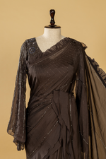 Load image into Gallery viewer, black georgette organza ruffle saree paired with bell sleeves blouse
