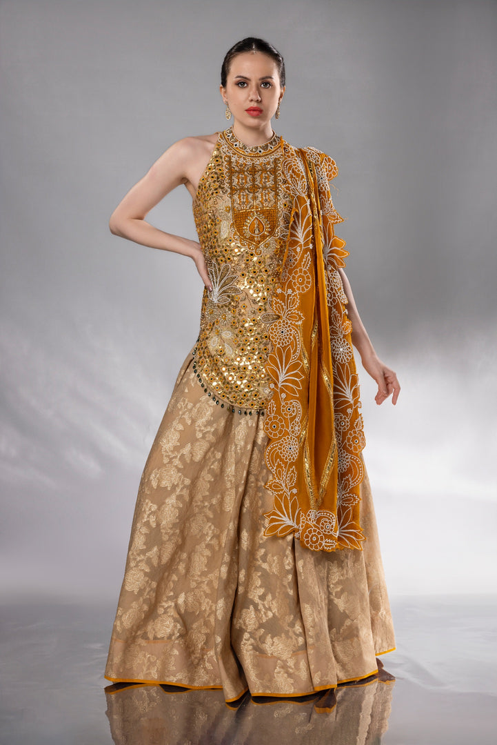 Ochre & Gold Embroidered Halter-Neck Sharara Set
