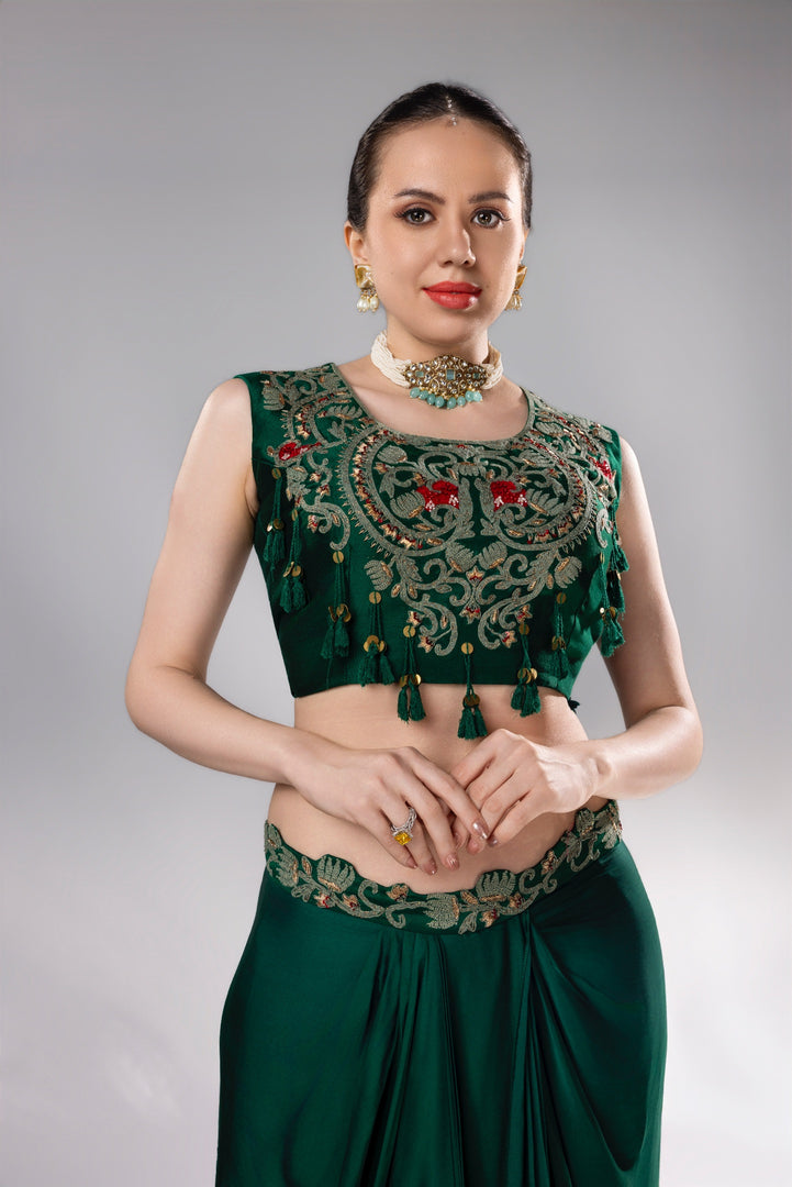 Emerald Embroidered Bustier & Draped Saree Set