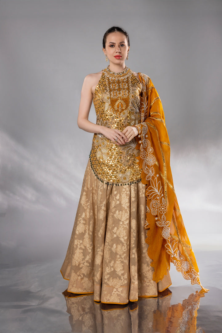 Ochre & Gold Embroidered Halter-Neck Sharara Set