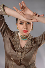 Load image into Gallery viewer, Taupe &amp; Gold Tissue Pant Set