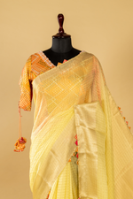 Load image into Gallery viewer, lemon yellow banarasi saree paired with designer long short contrast blouse
