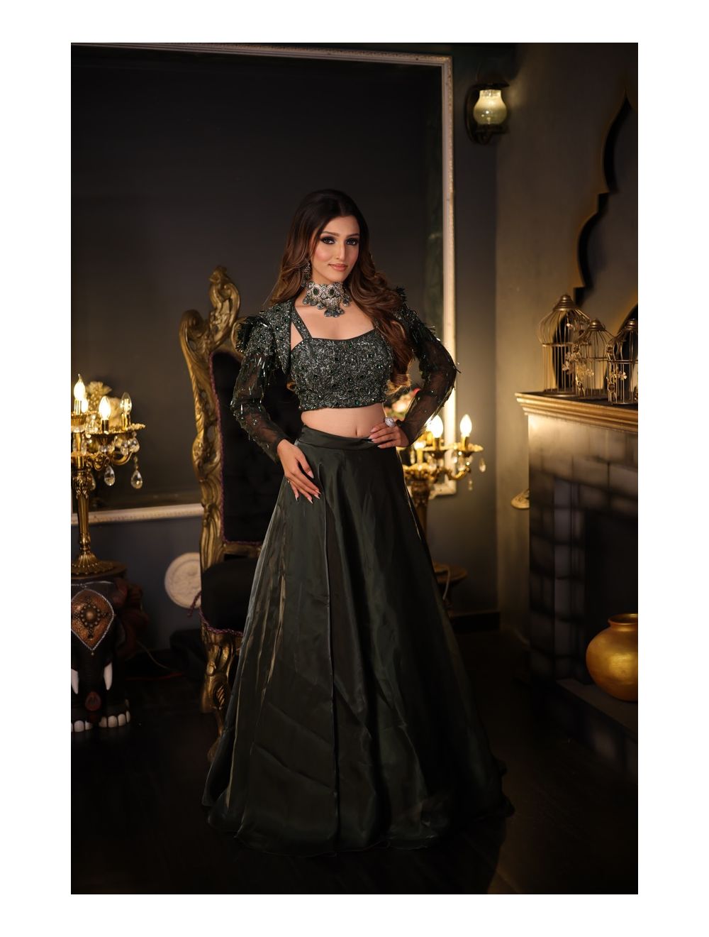 Buy Taupe Brown Embroidered Cowl Lehenga And Cape Blouse In Shimmer Organza