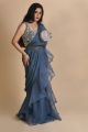 Greyish Blue pre-drapped saree paired with hand embroidered blouse